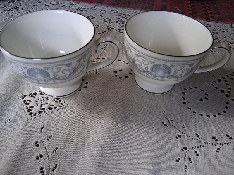 2- Wedgewood White Dolphins Footed Teacups Plat. Trim #4652 Never Used!