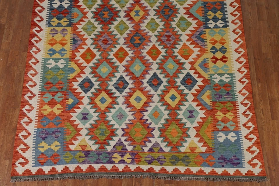 Alfombra de sala de estar Kilim 7x10 lana tejida a mano alfombra reversible suroeste Foto 4 de 4