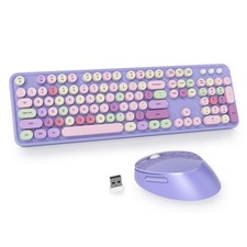 Owpkeenthy Purple Keyboard and Mouse Wireless, Cute Retro Full-Size Cordless ...