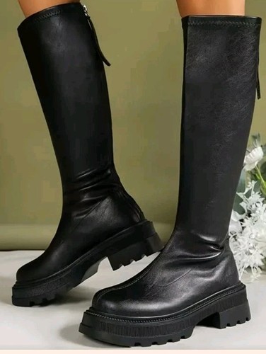 LADIES WOMENS CHUNKY BLOCK HEEL PLATFORM KNEE HIGH ZIP UP BOOTS SIZE 6 - Picture 2 of 16