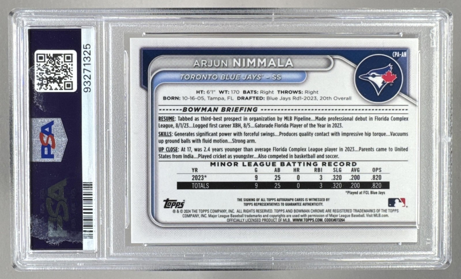 Arjun Nimmala 2024 Bowman Chrome Orange Refractor 1st RC Auto 11/25 PSA 9 view 2