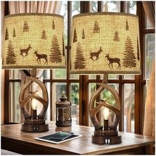 Scenekoy Rustic Farmhouse Antlers Table Lamp Set of 2 with Nightlight Brown