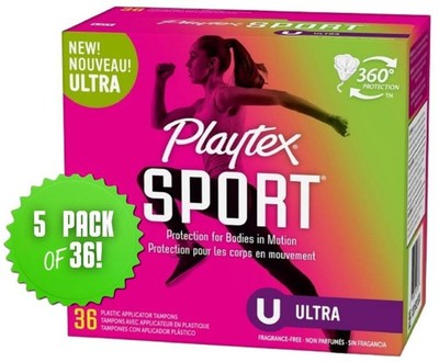 Playtex Sport Tampons Ultra Absorbency 360° Plastic Applicator 36 count - 5 PACK