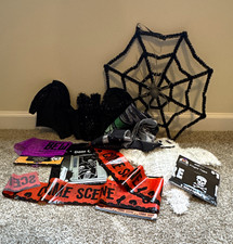 Halloween Decorations Lot: Spider Web, Bat, Ghost Door Cover, Crime Scene Tape