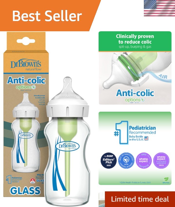 Natural Flow Wide-Neck Glass Baby Bottle 270 mL, Clinically 