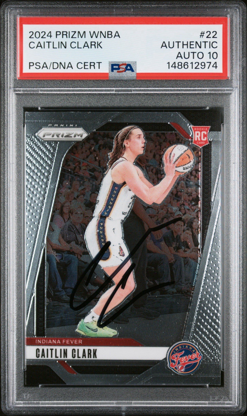 CAITLIN CLARK SIGNED 2024 PANINI PRIZM WNBA #22 ROOKIE CARD FEVER RC PSA AUTO 10 view 1