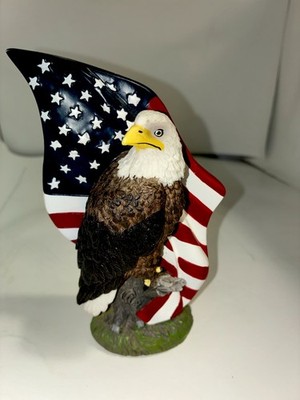 Bald Eagle Bird Figurine with American Flag Backdrop Red White Blue
