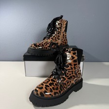 DV Dolce Vita Chrystal Girls Leopard Patent Combat Boots Size 13 Brown Black