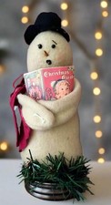 Primitive Handcrafted Christmas 8" Caroling Snowman in Lid w/ Greens Hat and Sca
