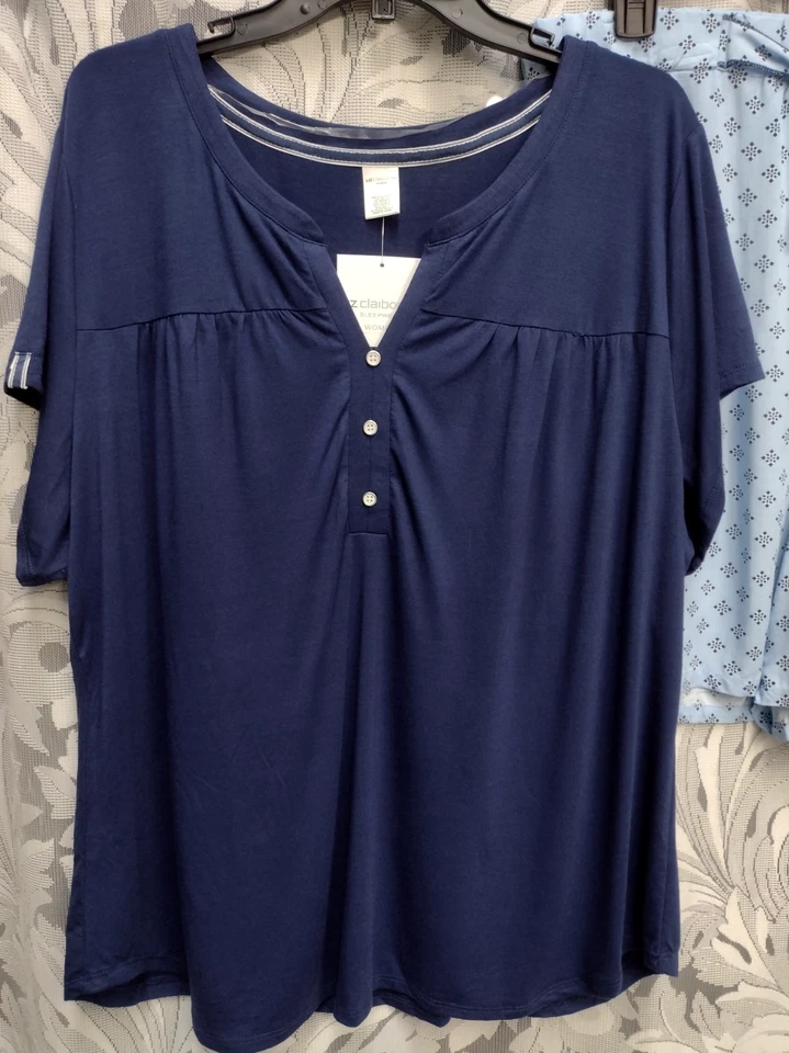 2X JUEGO DE PIJAMAS LIZ CLAIBORNE TOP DE PUNTO AZUL MARINO Y PANTALONES CORTOS TEJIDOS DELANTEROS PULL-UP Foto 3 de 4