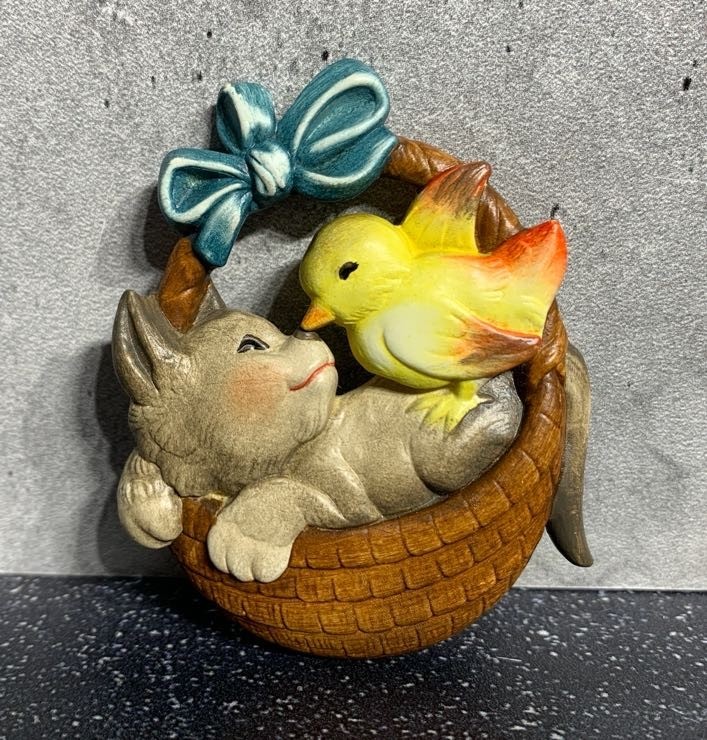Vintage ANRI Italy Juan Ferrandiz Ornament - Puppy and Bird in Basket - Signed