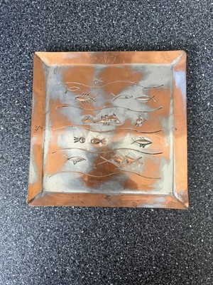 YAAD Israeli Hand Hammer Copper Wall Plaque Tray Fish Design MCM Gorgeous Patina