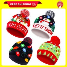 Christmas LED Light-up Knitted Beanie Hat Colorful Flashing Holiday Xmas 4 Pack