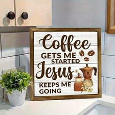 2D Flat "Coffee Gets Me Started" Wooden Print Wall Art Rustic Kitchen Decoration