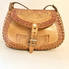 Vtg Iguala Mexico Hand Tooled Leather Shoulder Bag Aztec Pyramid Boho Crossbody