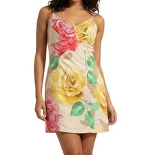 Y2K Pink Yellow Tan Floral Rhinestone Sleeveless Mini Dress 44 / M Angelo Marani