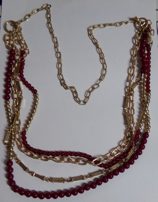 Vintage 37" Dark Red Beads & Gold Tone Chain 4 Strand Necklace