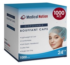 24 Disposable Bouffant Caps Hair Net CASE OF 1000, BLUE Non-Woven, Non-Pleat