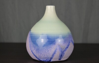 signed Tim ? Sherman white crackle, blue drip glaze studio pottery vase 5 1/2''
