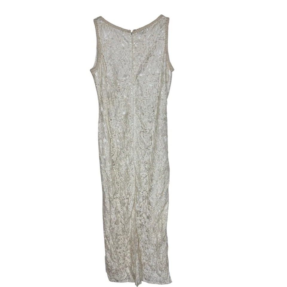 Scala Beige Floral Lace Beaded Pearl Maxi Dress Sleeveless Sheath L/XL Vintage - Image 2 of 4
