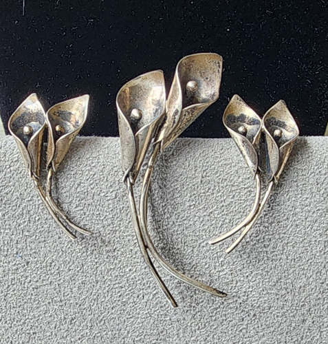 ๐ Vintage Stuart NYE Sterling Silver Cala Lily Brooch Pin & Earrings Set