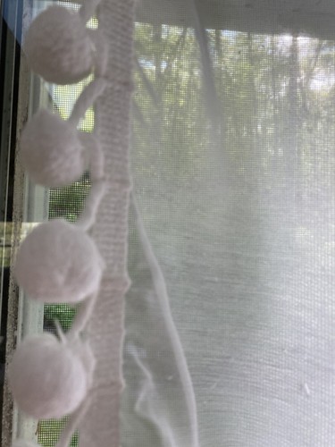 Pair Vintage Sheer White Panel Curtains Pom Pom Fringe Attached Valance 45”x45” - Picture 6 of 11