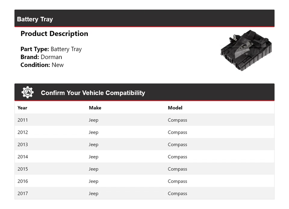 Bandeja de batería para Jeep Compass Dorman 2011-2017 2012 2013 2014 2015 2016 Foto 2 de 4