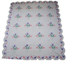 Antique Folk Art Stitched Tulip Flower Baskets Applique Quilt Blanket 93"