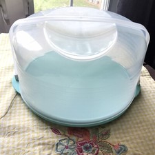 Vintage Teal Blue Tupperware Round Cake Taker Carrier w/Lid 12inch Rare Color