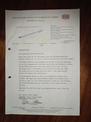 Deutsche Texaco Hinweisschreiben zur Tankreinigung 60 iger