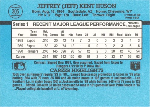 1991 Donruss Baseball Jeff Huson Texas Rangers #305 - Picture 2 of 2