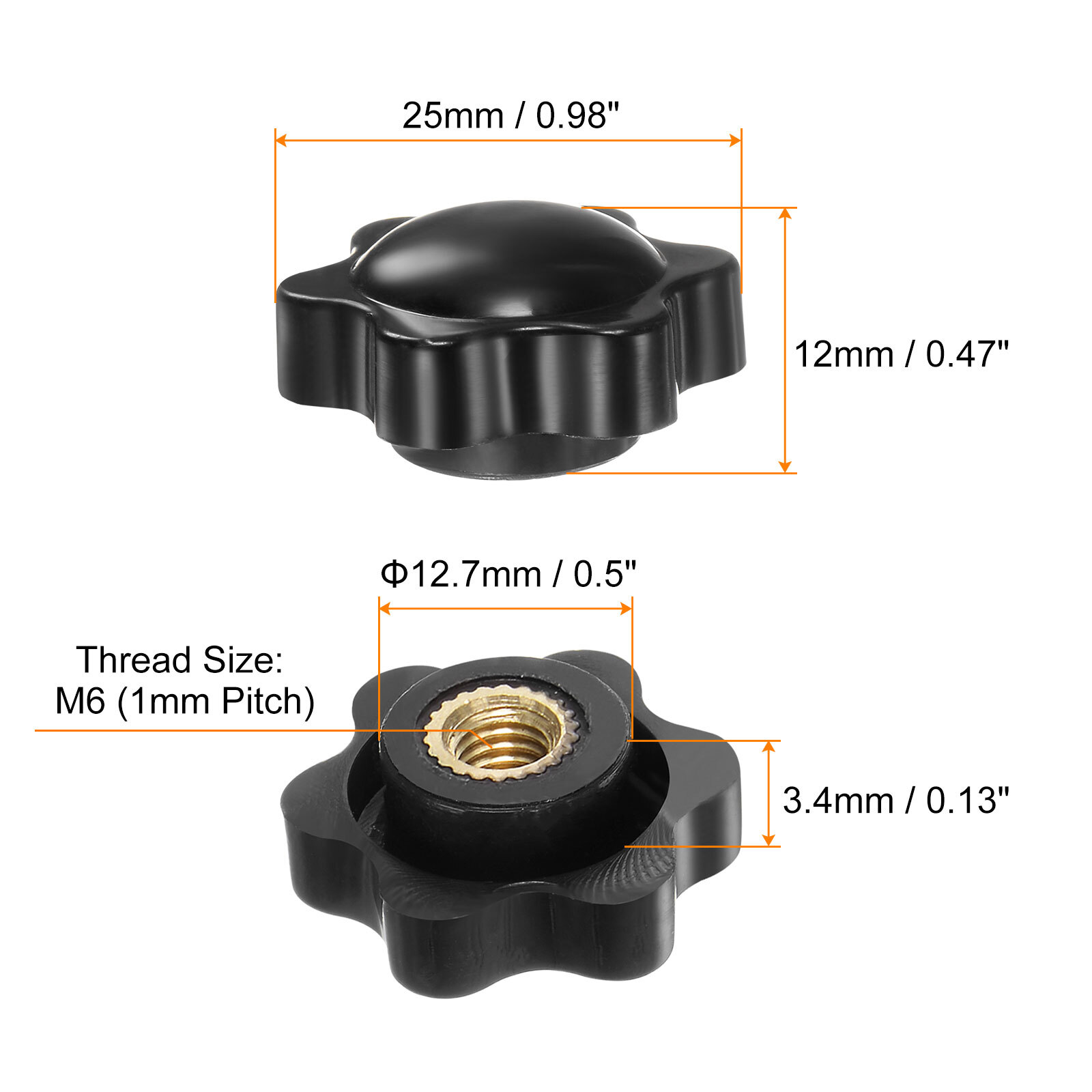12pcs Star Knobs M6 Thread 25mm Head Non-Through Hole Brass Insert Knob Black