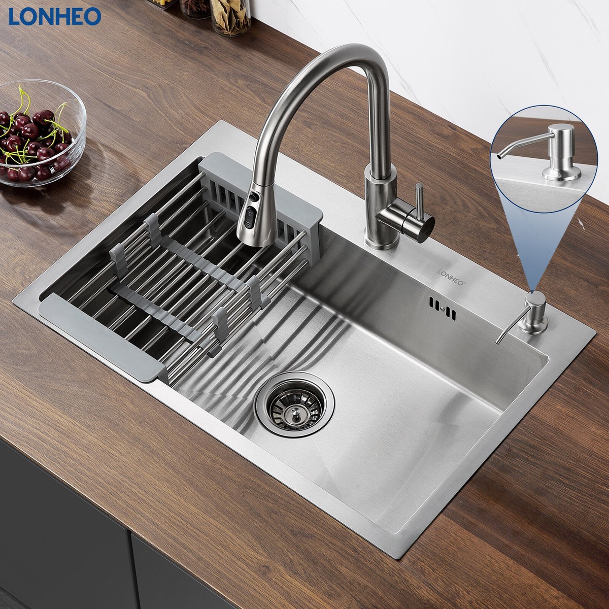 Edelstahl-Spüle 63,5x55,9x22,9 Cm – Topmount Einbau, 18 Gauge, 4 Wasserhahnlöcher, Schalldämmend