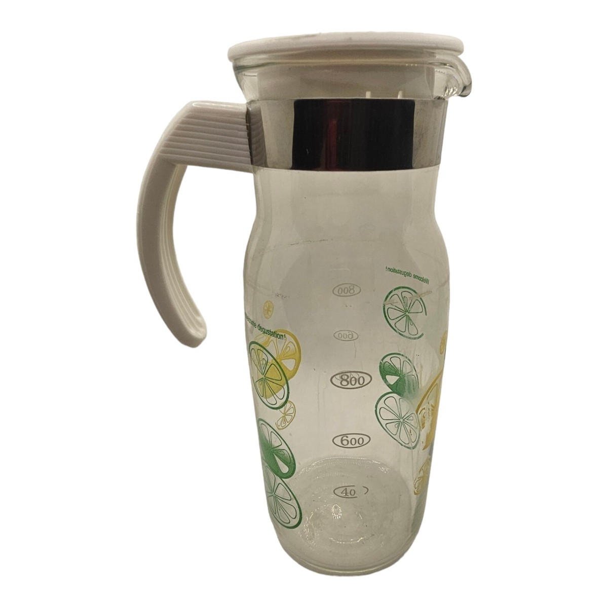 Vintage Pyrex Lemon Lime Pitcher Carafe Lid Strainer 1 Qt Welcome