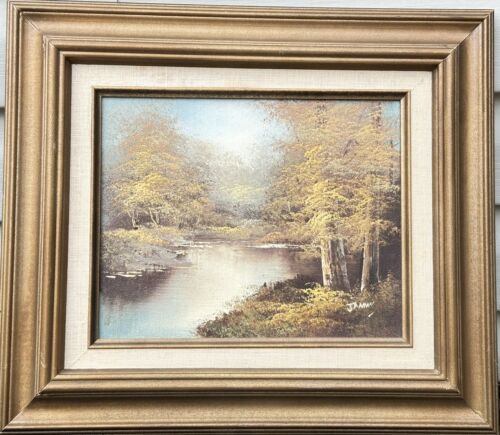 Pintura al óleo original paisaje bosque río enmarcado firmado Jannis vintage 14x16 - Imagen 1 de 8