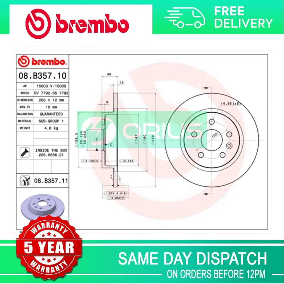 Fits Vauxhall Astra 2009-2015 Mokka 2012- + Other Models Brake Discs Rear Brembo - Image 2 of 4