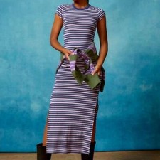 Urban outfitters BDG short sleeve navy & pink striped maxi dress side slits