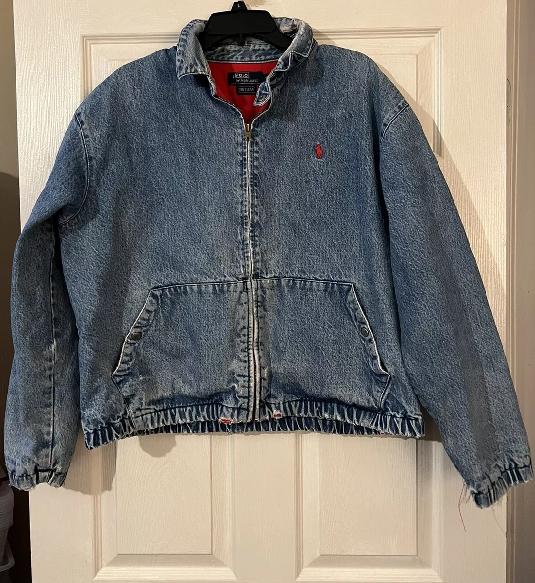 POLO RALPH LAUREN Vintage 80's Lined Distressed Jean Jacket Large Full Zip  USA