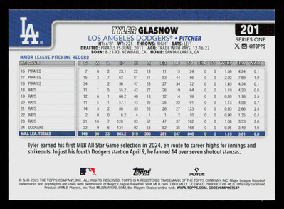 Tyler Glasnow 2025 Topps Series 1 #201 Los Angeles Dodgers