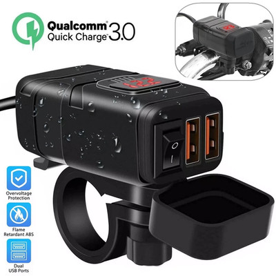QC 3.0 Waterproof IPX7 LED Motorcycle Dual USB Phone GPS Fast Charger Adapter US