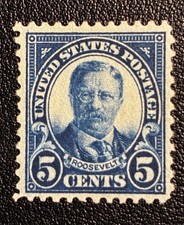 US Stamp, Scott #557, 1922 5c Theodore Roosevelt, Dark Blue, Perf. 11 / Mint H