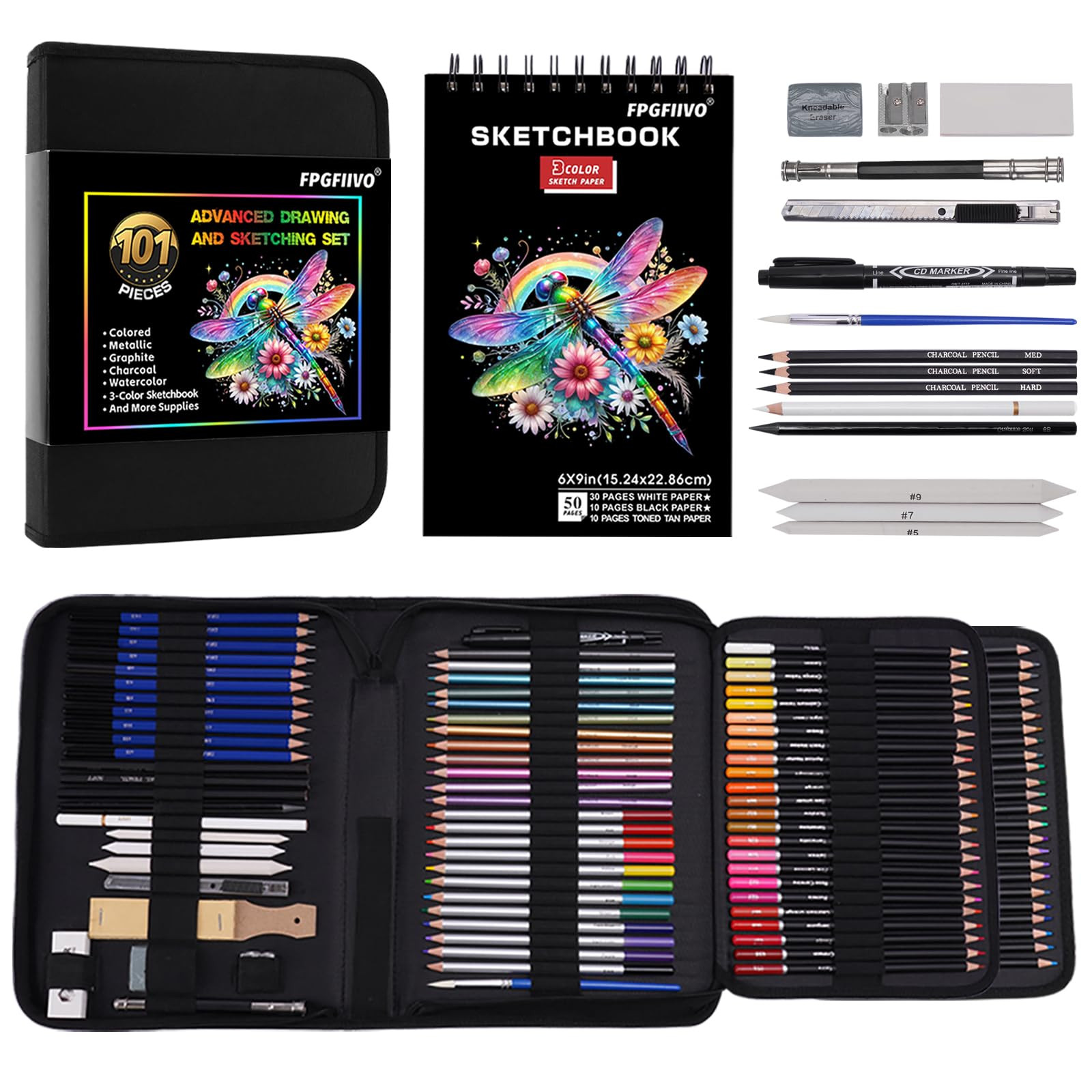 101 Pieces Advanced Drawing Set and Sketching Kit, with 3-Color Sketchbook, C...