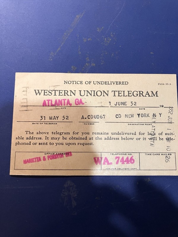 VTG 1952 'NOTICE OF UNDELIVERED WESTERN UNION TELEGRAM' POSTCARD! ATLANTA