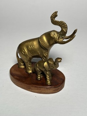 Vintage Brass Elephant Figurine Set on Wood Base Made in India Decor