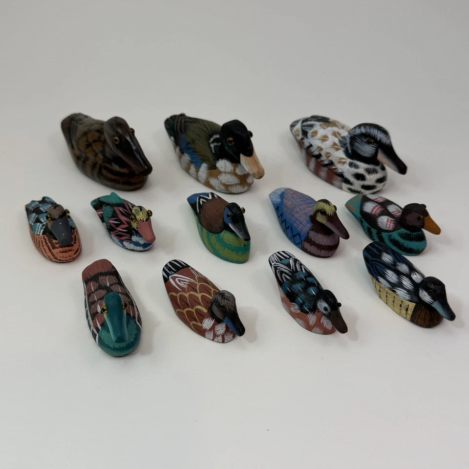 VTG 12 Hand Painted Carved Mini Wood Figurine Duck Lot Mallard Decoy 2” To 3” - Image 2 of 4