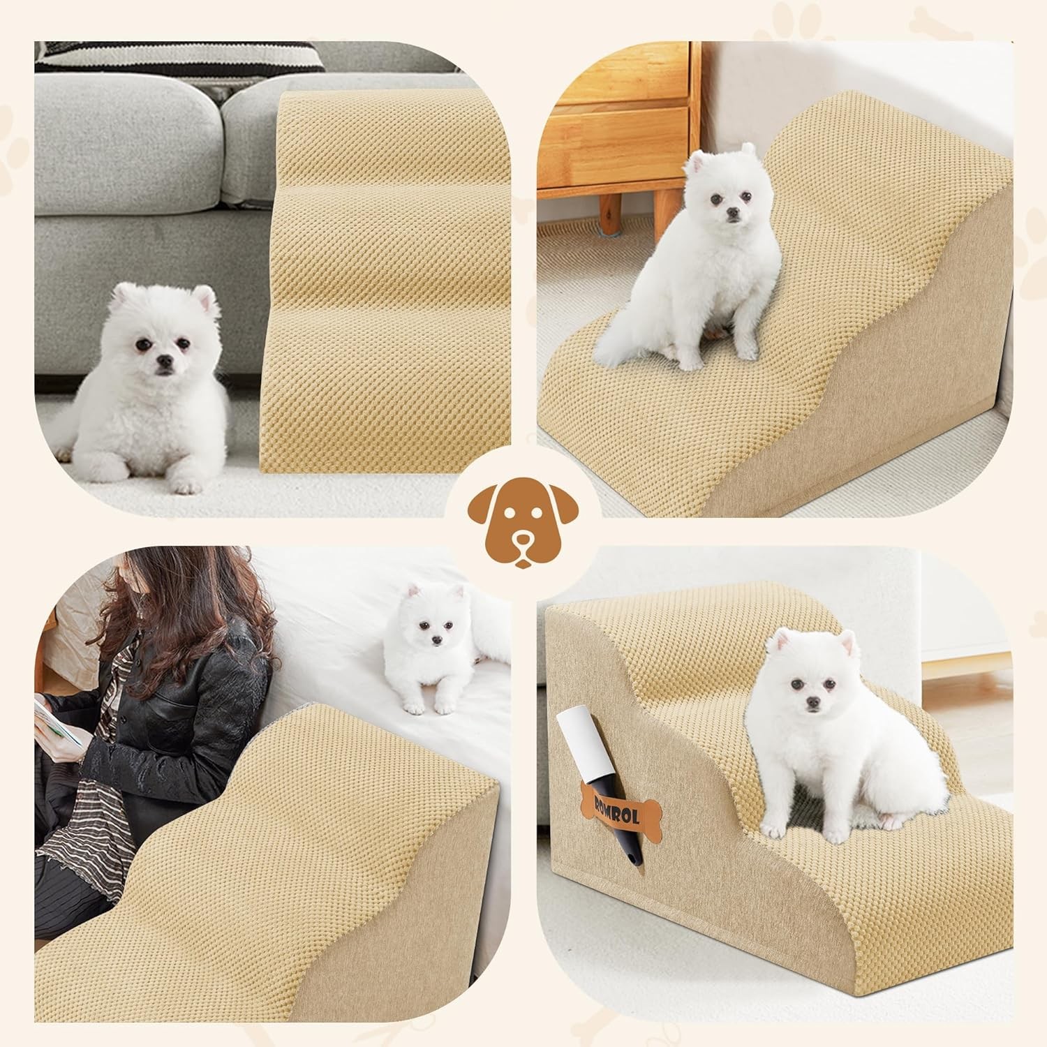 3-Tier Dog Stairs for Bed and Couch - 13.5"H Non-Slip Dog Ramp Extra Wide Steps