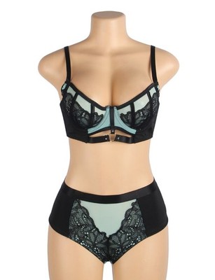 Wow Babe 2-teiliges schwarz & grün Spitze durchsichtig BH & Tanga Slips Set Größe 14