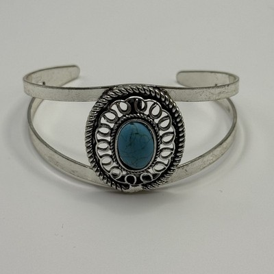 Southwest Style Bracelet Open Cuff Medallion Blue Rhodium Silver Tone Slip-on