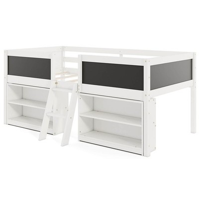 Twin Size Low Loft Bed w/ Ramp Ladder & Bookcases Full-length Safety Guardrail
