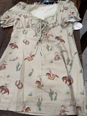 Bailey Rose XL Beige Western Print V-Neck Tie Front Lace Ruffle Short Dress